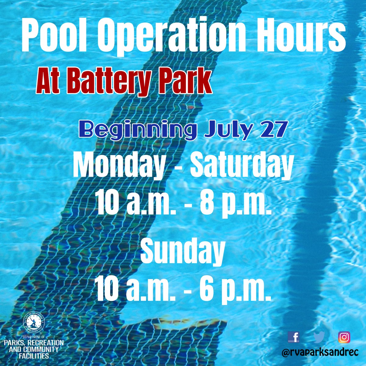 rvaparksandrec's tweet image. #RVA! While Hotchkiss Pool is down for repair, we are extending pool hours at Battery Park (2719 Dupont Circle) beginning TODAY! #PRCF #poolfun #extendedhours