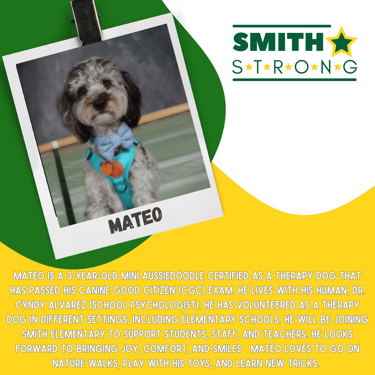 #SMITHSTRONG💪, help us welcome Dr. Cyndy Alvarez and Mateo to Smith Elementary! They will be joining our Special Education Support team here at Smith Elementary!💪💚⭐️