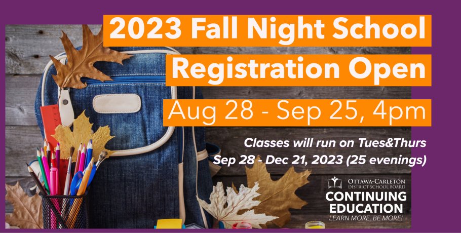 Looking to upgrade courses or earn your Ontario Secondary School Diploma? Join us for Fall 2023 Night School! Open to students from all school boards and adult learners. Learn more at NightSchoolinOttawa.com #NightSchool #UpgradeYourEducation