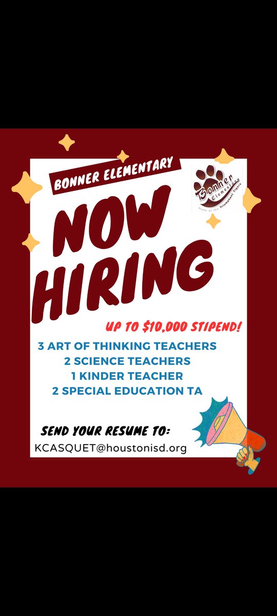 Join us for the job fair in-person and virtual at Delmar Fieldhouse from 3:30 pm - 7:30 pm. Spots are filling fast! Up to $10,000 stipend when you join the Bonner Team. <a href="/JEOcanas1/">Jane Ocañas</a>  @HisdSouth <a href="/BonnerElemHISD/">Bonner ES HISD</a>