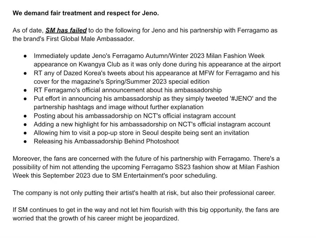 jianikkk's tweet photo. Jeno is Ferragamo's First Global Male Ambassador. However, it has come to the fans' attention that there have been lapses on SM Entertainment's part when it comes to letting him experience this part of his career.

WE WANT FERRAGAMO JENO
#BEFAIRTOJENO https://t.co/WFxIxbLGUc