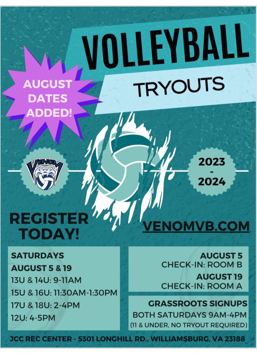 Did you miss the July tryouts? August tryouts dates and information below. Visit venomvb.com to register.