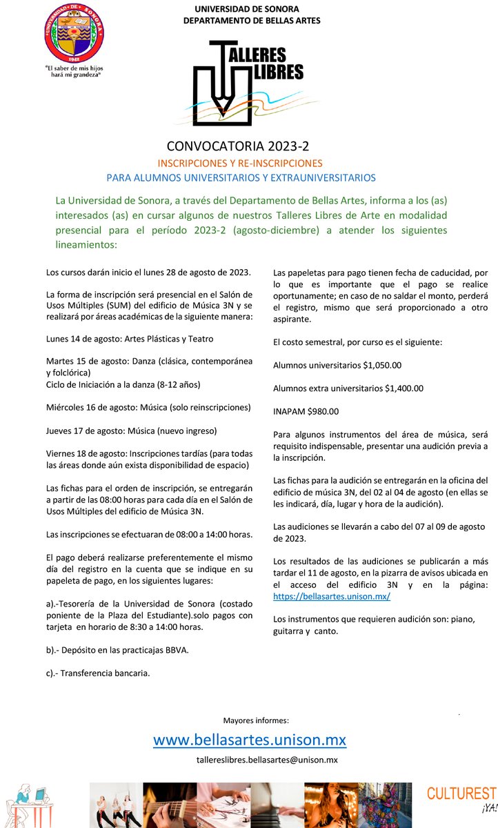 SoyUnison's tweet photo. La convocatoria para los Talleres Libres 2023-2 ya está disponible, recuerda que las fichas para las audiciones se entregarán a partir de este 2 de agosto: https://t.co/667mt8yuBz
Para más información escribe a tallereslibres.bellasartes@unison.mx https://t.co/XZDesCJapM