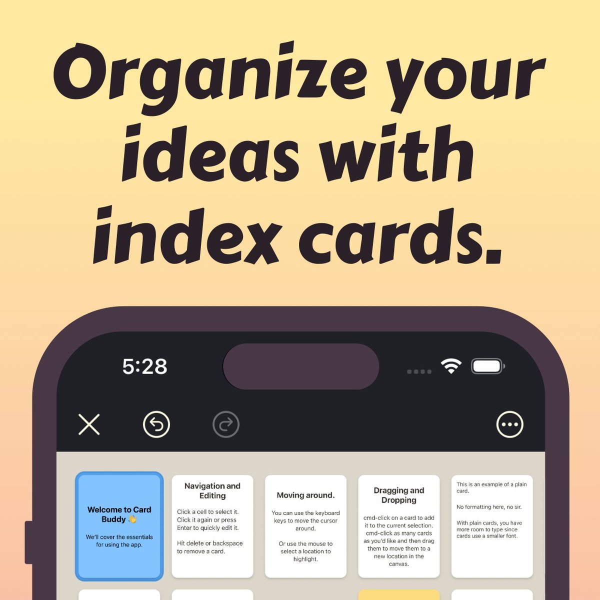 cardbuddyapp's tweet photo. Card Buddy for iOS is finally here! 🎊

Organize your thoughts and ideas with index cards.

https://t.co/SrhmzZNjEK

#ios #apps #writing #toolsforthought https://t.co/HwApqdeCLf