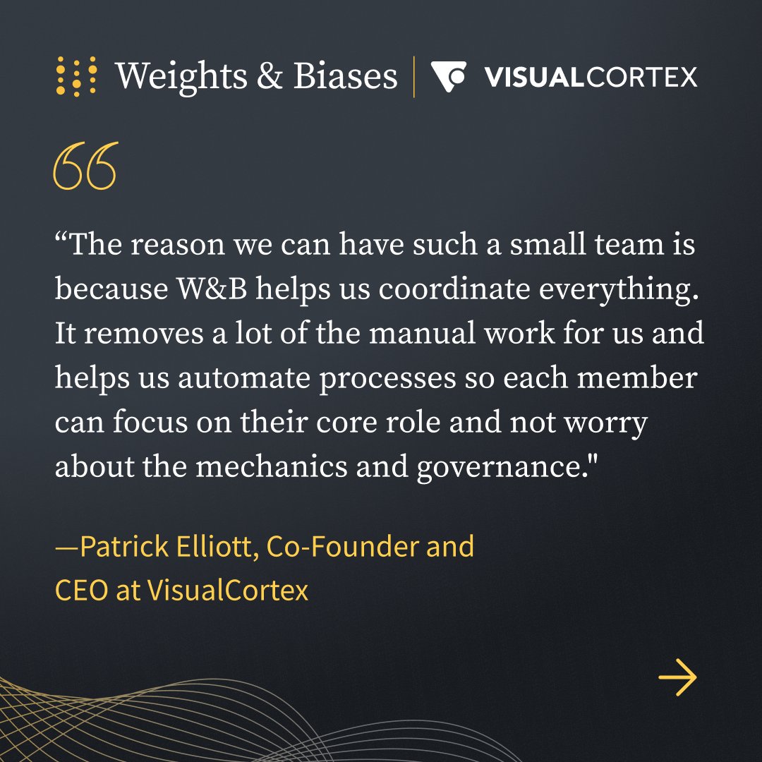 Weights & Biases (@weights_biases) on Twitter photo What is the world's top video intelligence platform?
🥇<a href="/VisualCortexApp/">VisualCortex</a>! Solving commercial challenges at scale by making video data actionable.
💪To keep up with the rise of video in enterprises & scale computer vision, they chose W&B.
Scroll to learn how they automated What is the world's top video intelligence platform?
🥇<a href="/VisualCortexApp/">VisualCortex</a>! Solving commercial challenges at scale by making video data actionable.
💪To keep up with the rise of video in enterprises & scale computer vision, they chose W&B.
Scroll to learn how they automated