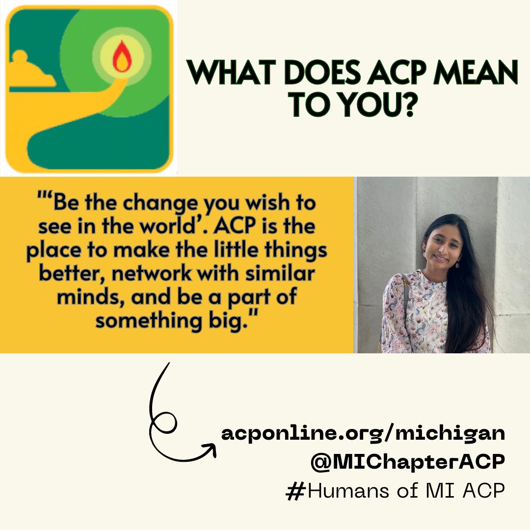 MIChapterACP's tweet photo. Highlighting the Chair of the MI-ACP Resident and Medical Student Committee, and one of the individuals who helped create and execute the Humans of MI-ACP series, Dr. Medha Cherabuddi!

#MedTwitter #SoMeInMedicine #HumansOfMichiganACP #MIACP2023 https://t.co/4WK347eQdj