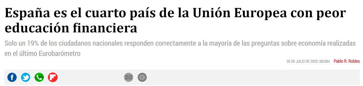 Es lo que pasa cuando:
-No se tiene ni una asignatura de #Economía troncal.
-Se eliminan contenidos económicos por emprendimiento, humo y psicología barata.
-Se privatiza la educ. financiera en los bancos, ese oligopolio en el que tomar malas decisiones financieras les beneficia.