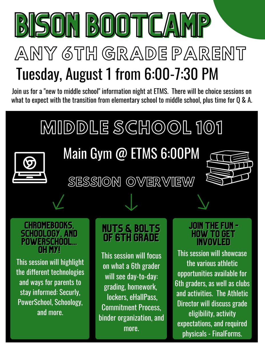 Bison Boot Camp for incoming 6th grade guardians who are new to the middle school experience or just want a refresher - attend any or all of the choice sessions.