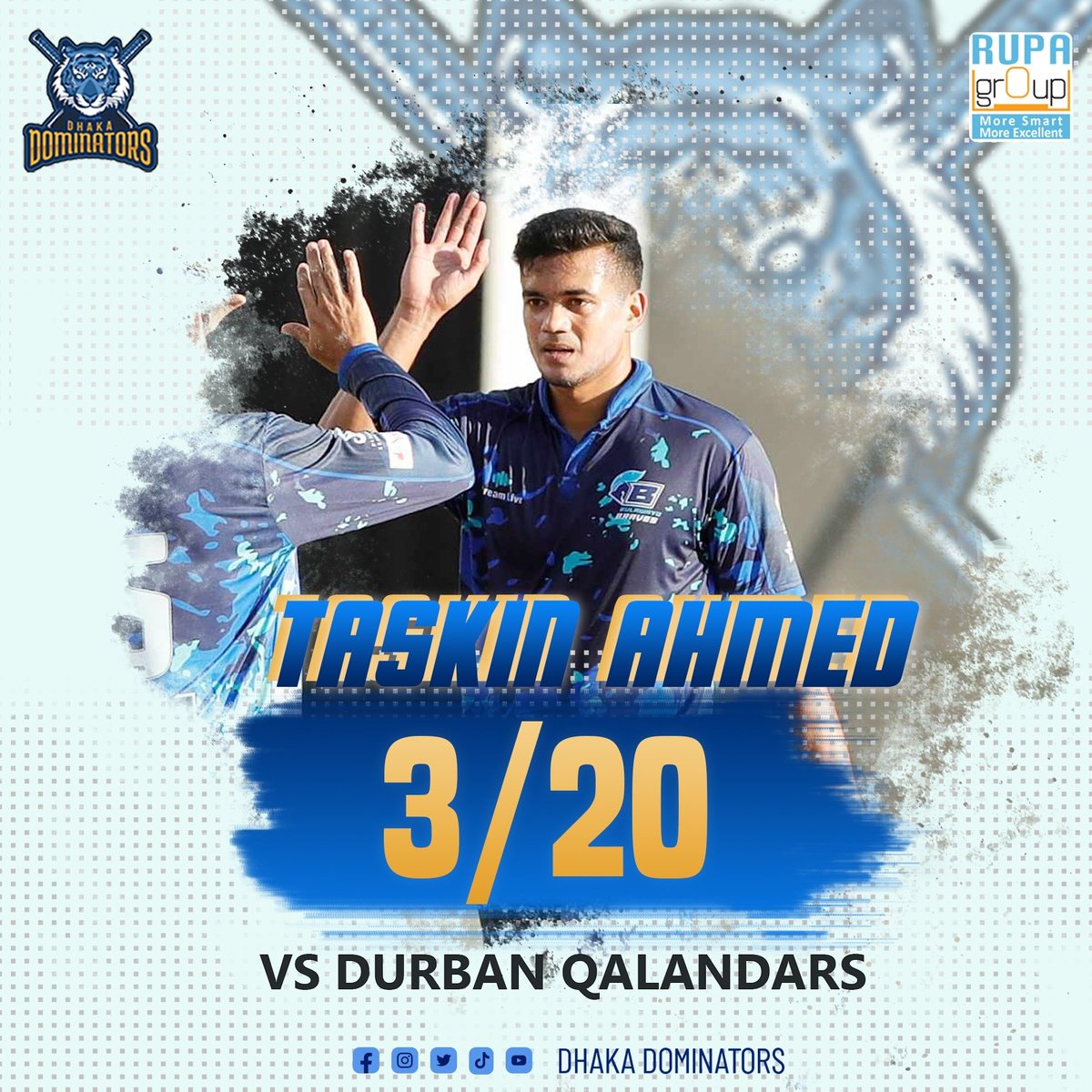 DominatorsDhaka's tweet photo. Taskin Ahmed What a form he is in 🔥

With this performance he becomes the highest wicket taker in the tournament 💯

#dhakadominators I #ZimAfroT10 I #letsdominate https://t.co/ydQpxcioxb