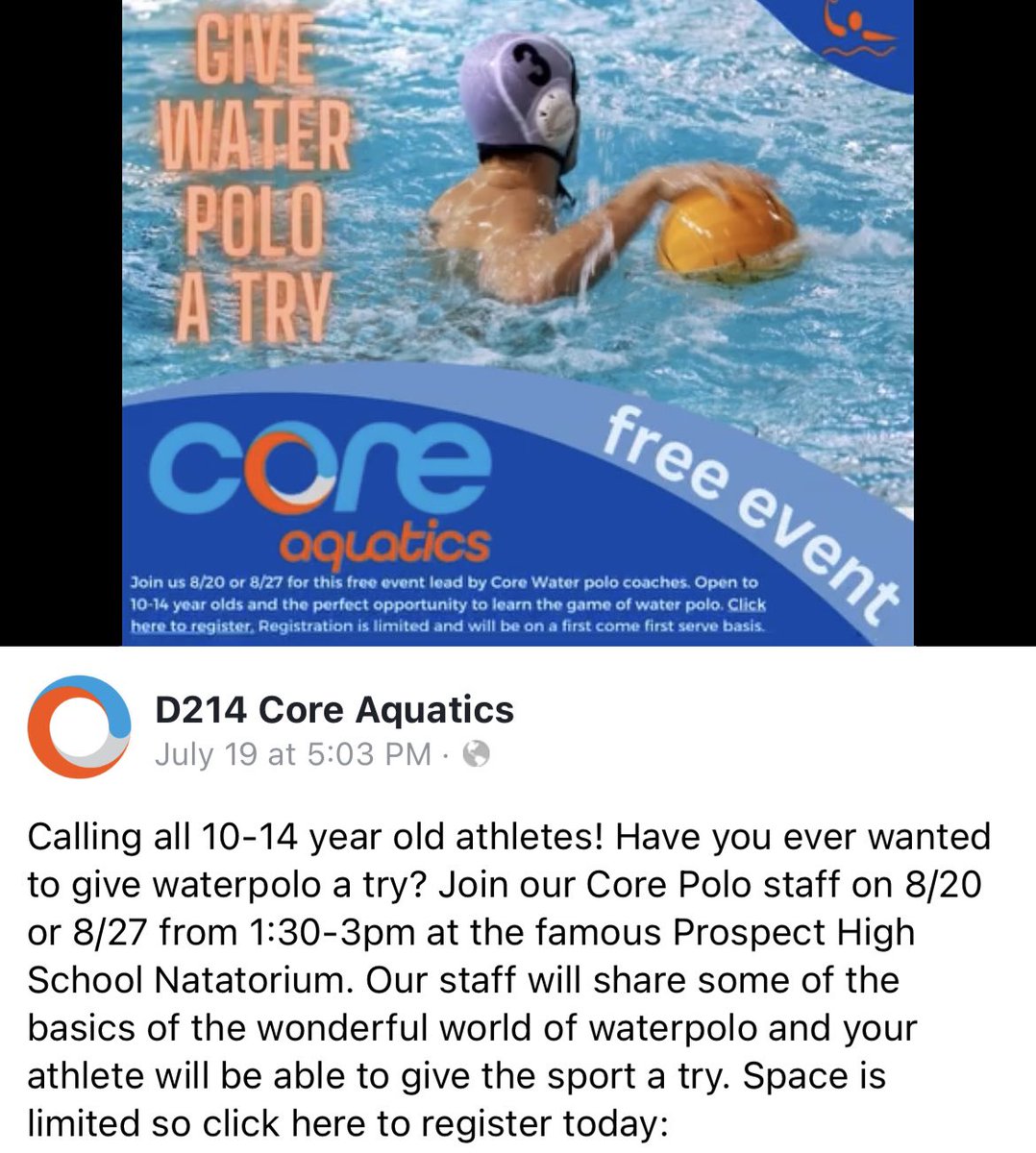 Calling all 10-14 year old athletes! Have you ever wanted to give water polo a try? Join our Core Polo staff on 8/20 or 8/27 from 1:30-3pm at the Prospect Natatorium. 🤽🏽‍♀️🌊🤽🏽‍♂️ docs.google.com/forms/d/e/1FAI… <a href="/HerseyHuskies/">Hersey High School</a>