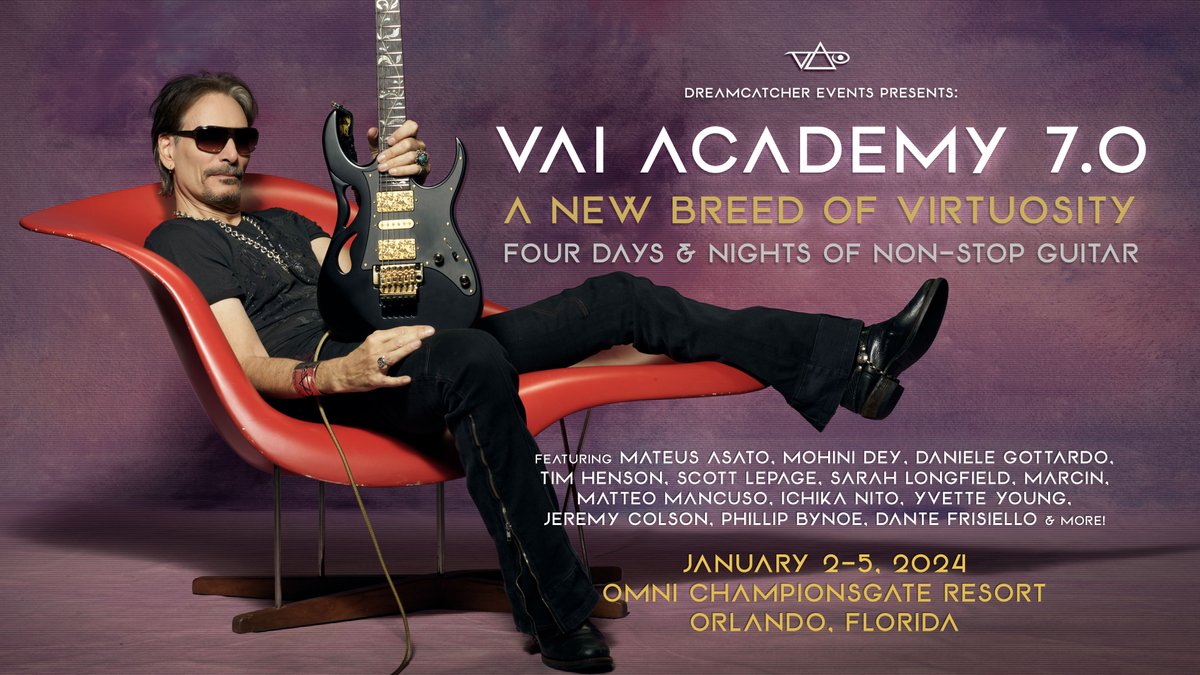 stevevai's tweet photo. Join us January 2-5, 2024 in Orlando for Vai Academy 7.0! 4 days &amp; nights of non-stop next gen guitar. Register now and we'll see you in Florida: https://t.co/JUrmGAUoUX https://t.co/FU7McK5qxA