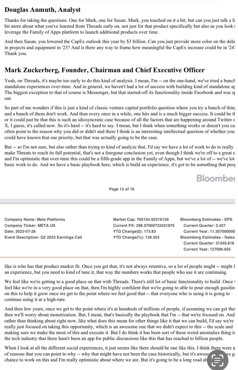 garyblack00's tweet photo. From $META conf call - Zuck’s thoughts on Threads.  There’s no monetization yet and Zuck acknowledges there’s still a ton of work to be done on basic functionality, and they’ll apply the basic playbook that’s worked before. https://t.co/KCR3ixrXtF