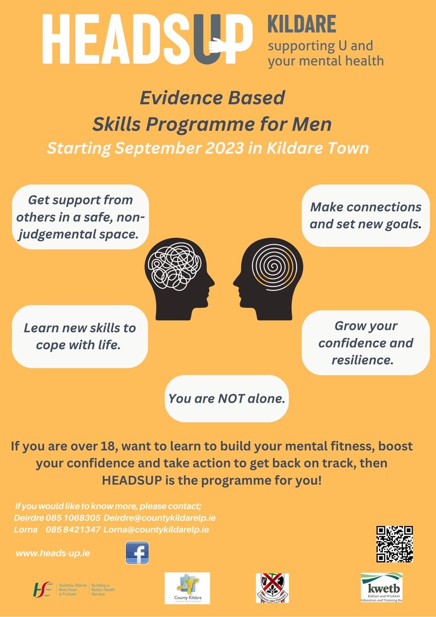 Heads Up: Supporting you and your mental Health.
 
If you are looking to build your mental fitness and grow your resilience Heads Up Kildare are providing an evidence based skills programme for men starting September 2023
 
If interested visit 👉heads-up.ie