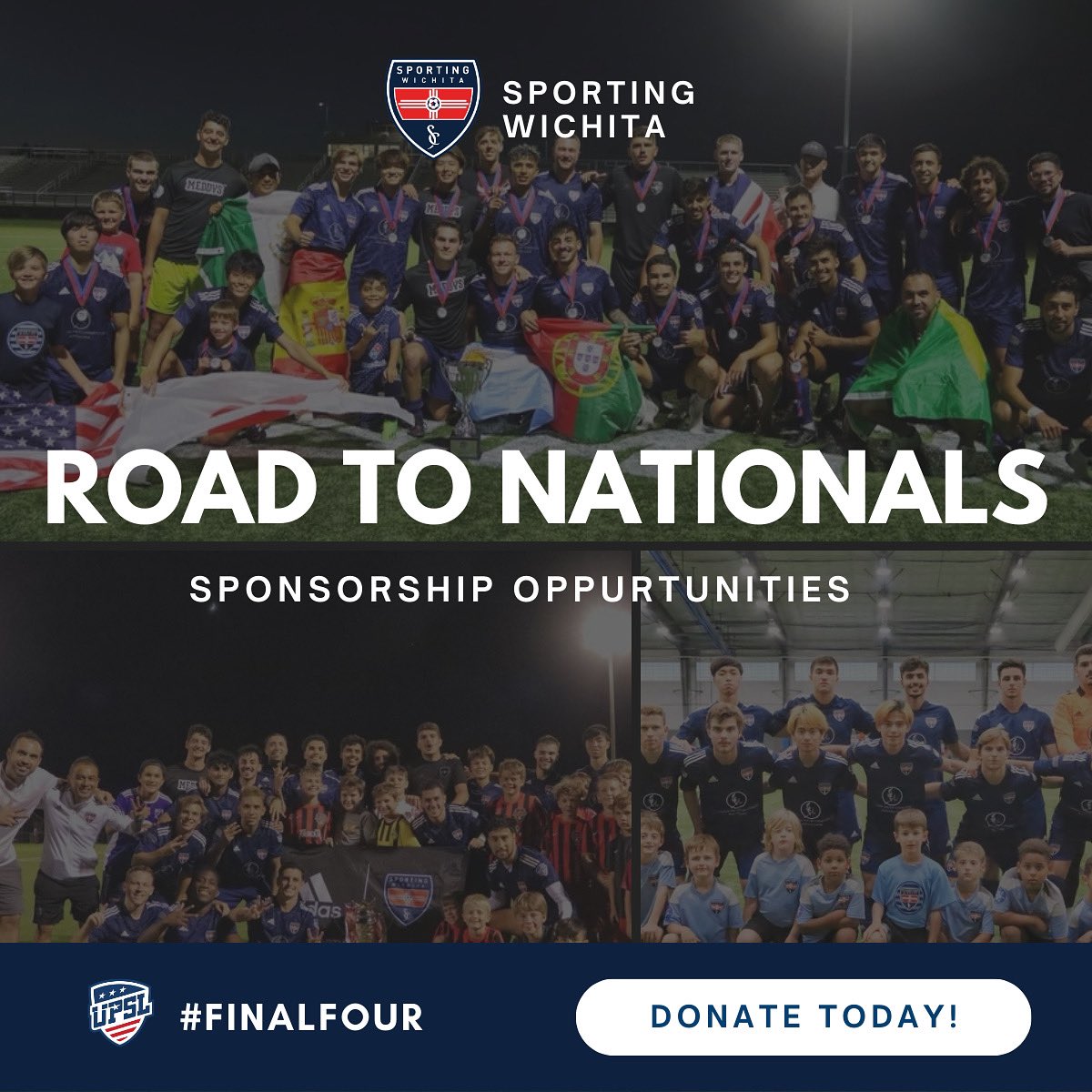 Calling all visionary companies and brands!📢 Sporting Wichita is actively looking for passionate sponsors to join us on our exhilarating journey to the National Final 4 in Virginia! 

Contact us to discuss how we can customize a winning sponsorship package for your brand.