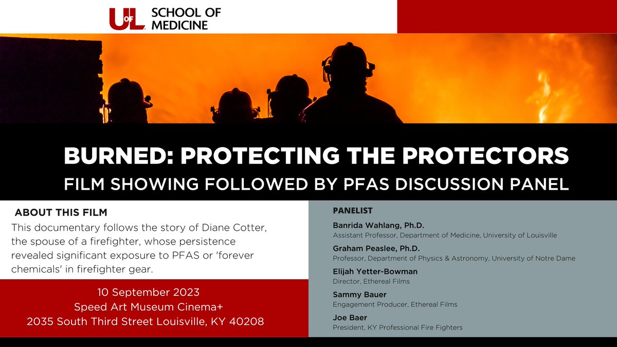 CIEHS_UofL's tweet photo. Dr. Banrida Wahlang will be a featured panelist for a discussion on PFAS or "forever chemicals" immediately following a screening of the documentary "Burned: Protecting the Protectors".
📅 Sept, 10
⏰ 3 PM 
🎟️Free
📍 @SpeedArtMuseum 

Film trailer: https://t.co/GmZUK0SGu9 https://t.co/AA96V4brqc