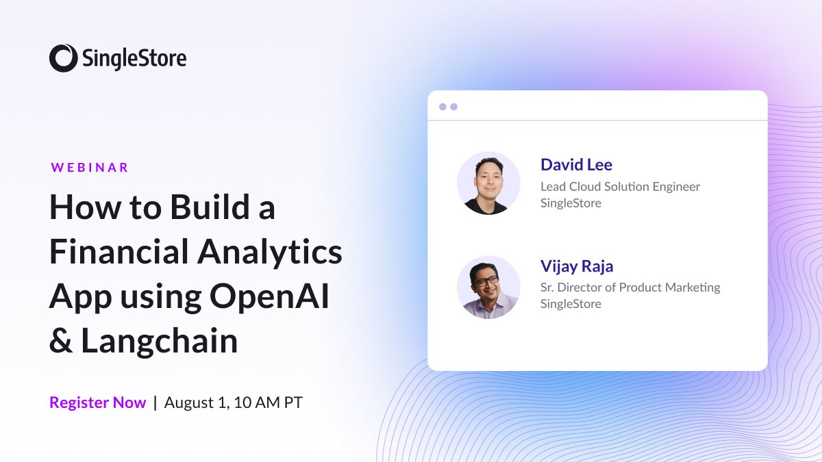 SingleStoreDB's tweet image. Build a financial application by utilizing #SingleStoreDB and #OpenAI to do speech-to-query translations and vector-based semantic search to get instant insights on financial data 🧑‍💻

📆 August 1, 2023
⏰ 10AM PDT
🎟️ FREE

🔗 Register today: bit.ly/3DiCibk 

#LLM #AI
