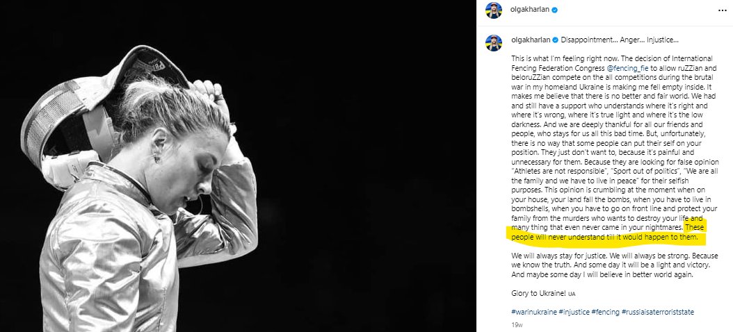 Guys, do you understand why we don't shake hands with ruzzians and beloruzzians?

If not, please let me know, I will explain🙏

Please read Olga Kharlan's post about <a href="/FIE_fencing/">Fencing</a> allowing ruzzian and beloruzzian sportsmen compete at the all competitions during the brutal war in
