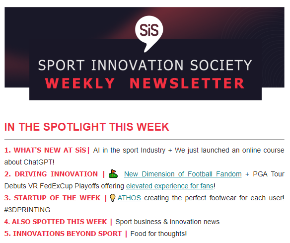 📰 Our weekly #innovation newsletter was sent today!

🤖AI in the sports Industry + We just launched an online course about ChatGPT!
📲FIFA WWC 2023 in Upland's metaverse
⛳️PGA Tour Debuts VR FedExCup Playoffs!

Read: tinyurl.com/yvnyhvdp

➡️Subscribe: sis.news/subscription/