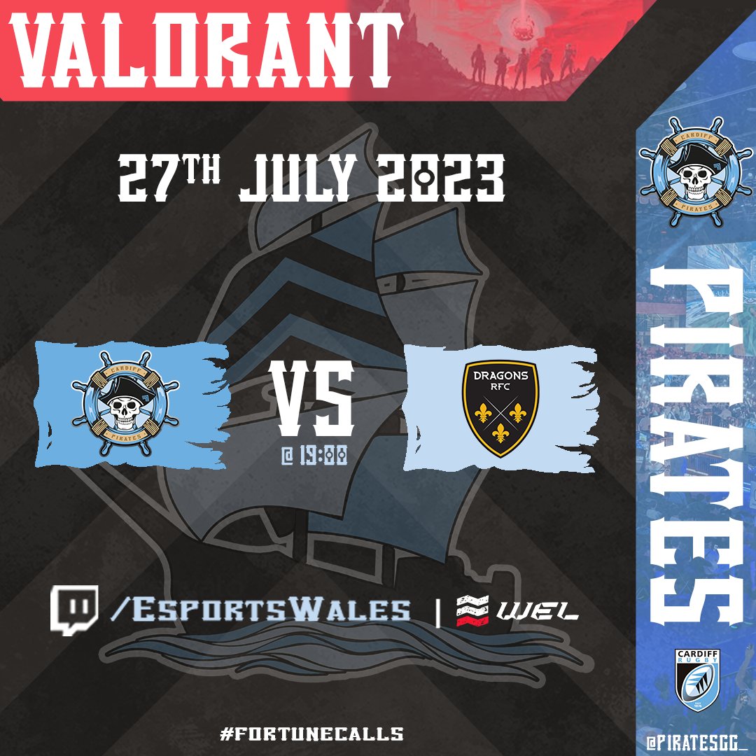 PiratesGG_'s tweet photo. ๐ดโโ ๏ธ #WEL2 ends TONIGHT. ๐ดโโ ๏ธ
๐ฅ Our @VALORANT crewmates will be taking on our Welsh Rugby rivals, the @DragonsGG_ to fight for a perfect season!
๐ฃ Join us later at 7PM as we cheer on the crew!
@EsportsWales | @Cardiff_Rugby | #FortuneCallsโ https://t.co/iYMPmv3ZPc