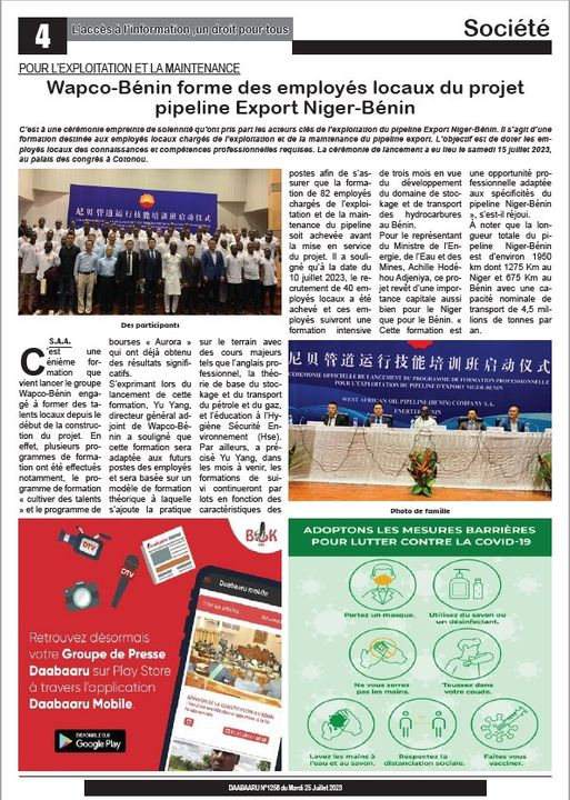 Bénin, Daabaaru
POUR L’EXPLOITATION ET LA MAINTENANCE
Wapco-Bénin forme des employés locaux du projet
pipeline Export Niger-Bénin