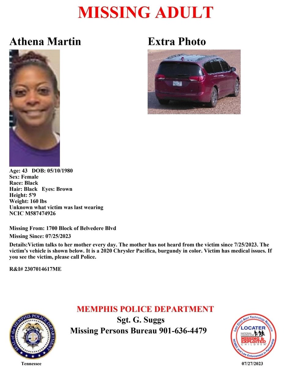 Have you seen Athena Martin?
Victim talks to her mother every day. The mother has not heard from the victim since 7/25/2023. The victim's vehicle is shown below. It is a 2020 Chrysler Pacifica, burgundy in color.
Report #2307014617ME