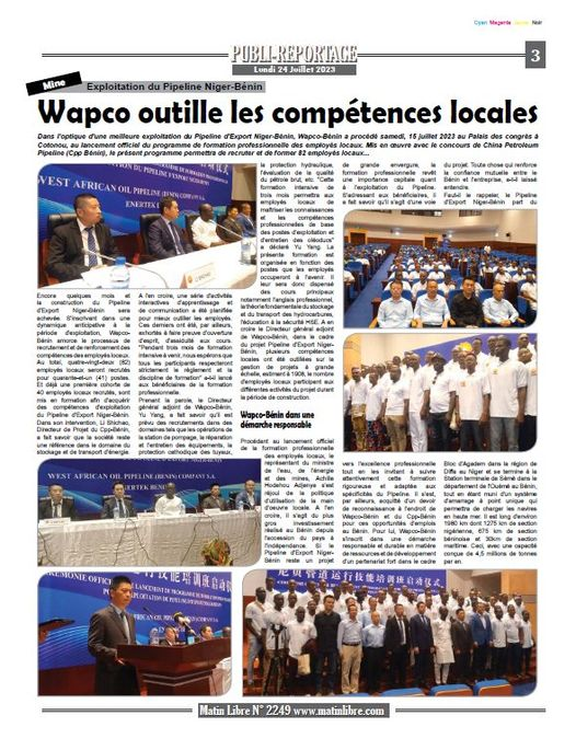 Bénin, MATIN LIBRE
Exploitation du Pipeline Niger-Bénin
Wapco outille les compétences locales