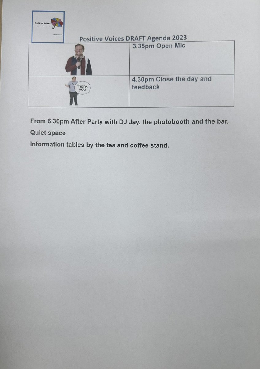It’s here! Positive Voices Agenda. Going to be a very busy day! Looking forward to seeing you all. Get sharing 😄#selfadvocacyworks #selfadvocacymatters <a href="/DvcDudley/">Dudley Voices for Choice Self Advocacy</a> <a href="/DVCSarahO/">Sarah Offley 💚</a> @LewSpeakUp <a href="/SunPeopleFirst/">Sunderland People First</a> <a href="/bemixUK/">bemix</a> <a href="/SteveHardyLDN/">Steve Hardy🏳️‍🌈</a> <a href="/LDNurse1/">LDNurse</a> <a href="/lynnewalsall/">Lynne Westwood RN(LD) 💚💙 #keephoLDNon #StaySafe</a> <a href="/mylifemychoice1/">My Life My Choice</a> <a href="/nwtdtlynn/">Lynn James-Jenkinson</a>