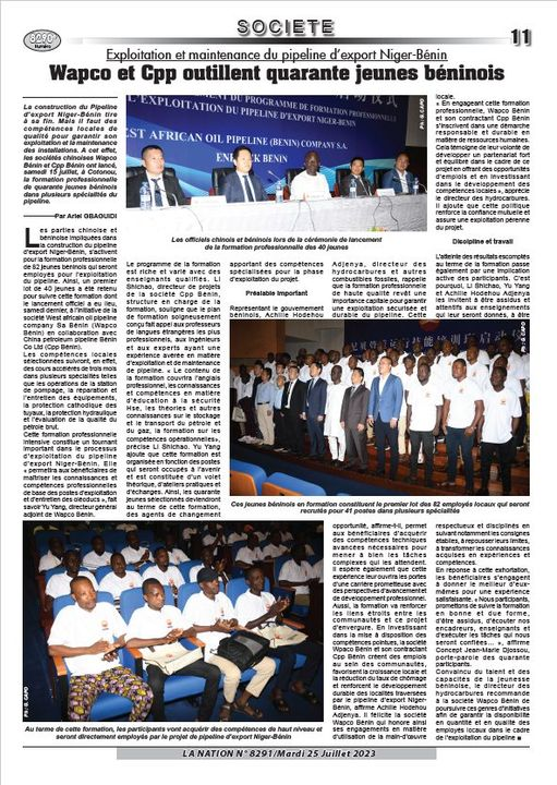 Bénin, La Nation
Exploitation et maintenance du pipeline d’export Niger-Bénin
Wapco et Cpp outillent quarante jeunes béninois