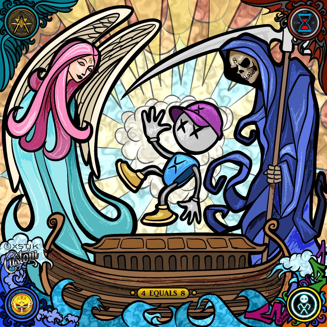 xrpstik's tweet photo. Custom NFT reveal - #REAPER #ASC #ARK &amp; #xSTIK

Ordered by Hoff. Important supporter of the above projects.

▪️This xSTIK #NFT features all characters by @TheRealSumi69 in ASCENSION Genesis stained glass style. See:
https://t.co/7zVDYagm15

Custom NFTs of the highest standards 💎 https://t.co/nwasyNCJSO
