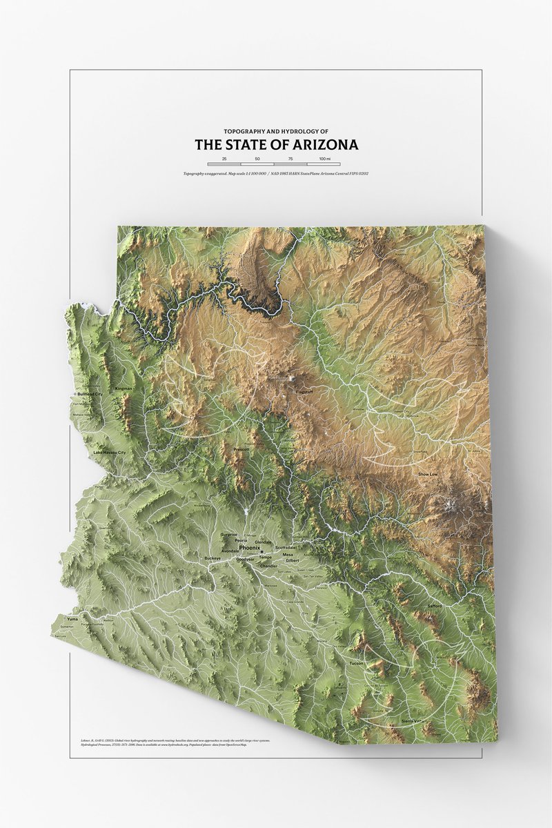 Arizona topography and hydrology. This is nice. Actually I started the day doing New York map, but the weird shape needs a but more time to make it nice. So I did AZ. #arizona #geography #hydrology #maps