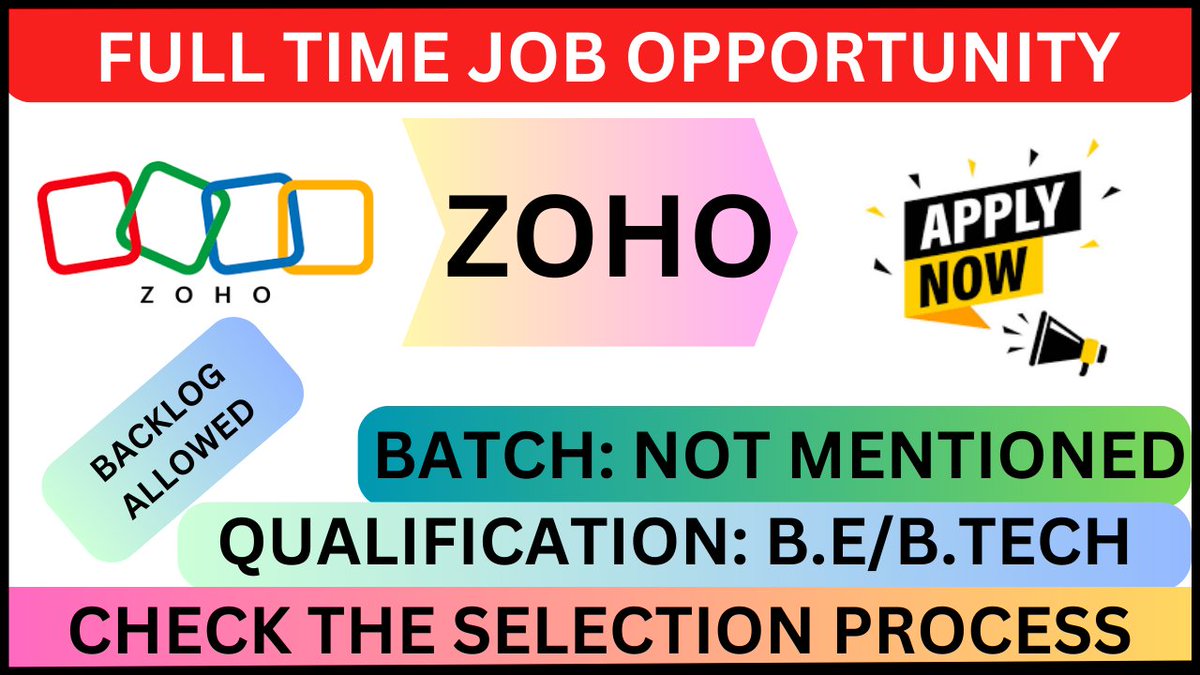 Freshersjobalrt's tweet image. ZOHO For Software Developer      
Qualification  : Engineers(Any Branch)     
Batch:Not mentioned ( Everyone Eligible)
Location:Chennai                      
Last date : Not Mentioned ( Apply as soon as possible)
Apply Link  : rb.gy/yh4mh