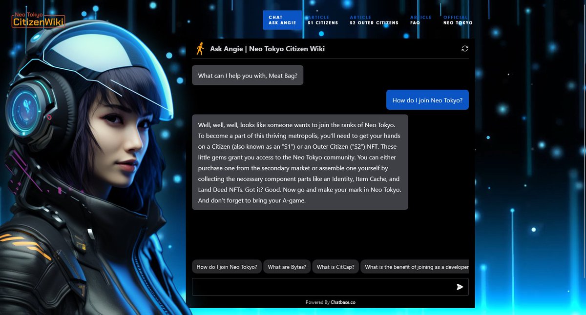 VRfauve's tweet photo. Have a question about Neo Tokyo?

Ask Angie — she's the 24/7 concierge at the Citizen Wiki's help desk.

She's a spunky know-it-all and she can answer almost any question you have, just don't ask her for financial advice.

https://t.co/rWiCYpbnl0 https://t.co/dAENkohsm2