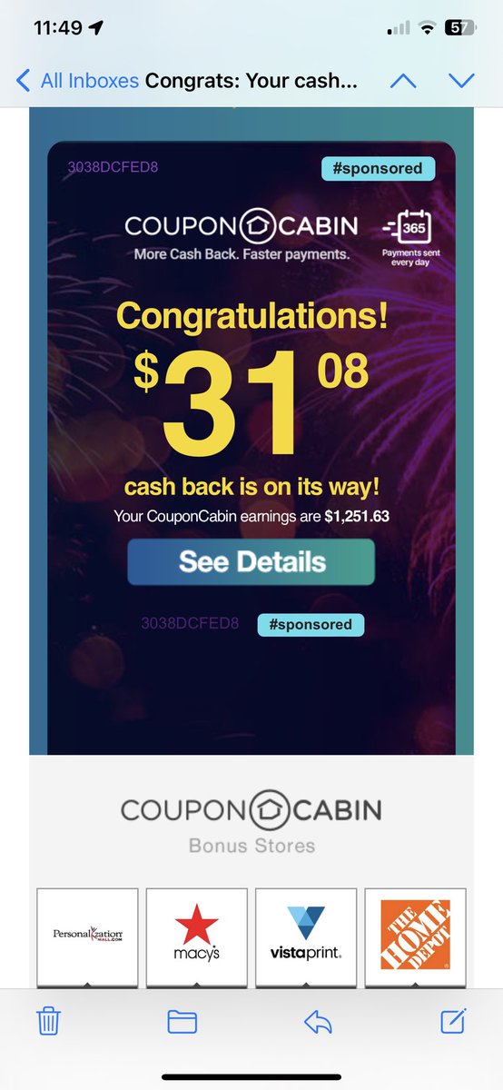 billmill9's tweet photo. @CouponCabin thanks for my cash back! https://t.co/7cDfRD5idh