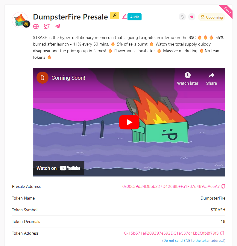 DumpsterFireBNB's tweet photo. presale is up w/ AUDIT 📋 and BASED 🚀 badges

KYC 🪪 and ✅ SAFU coming soon

8 more days... let it buuuuuuuuurn baby 🔥🔥🔥

https://t.co/wut9lN25As https://t.co/f5MMJDvv1c