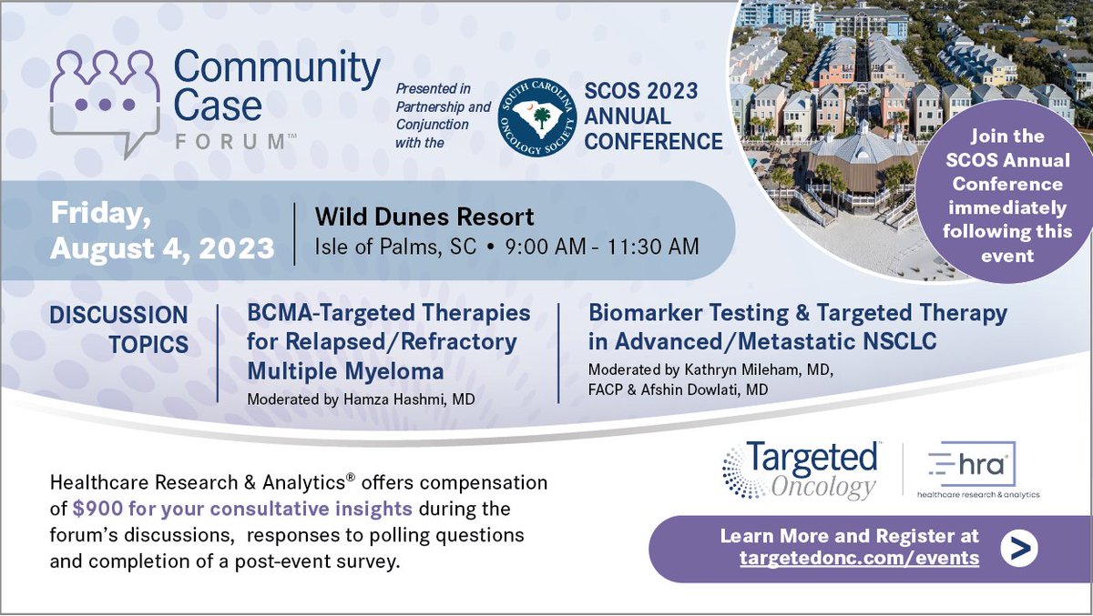 OSSOncology's tweet photo. Do you have patients with #NSCLC or #Multiple #Myeloma? Join us at the @TargetedOnc Community Case Forum on Friday, August 4, at @WildDunesResort. Limited seating available for each guided conversation. Register now and find out more at https://t.co/gBqUThnFVR! #SCOS2023 https://t.co/MPC4Yjf9xf