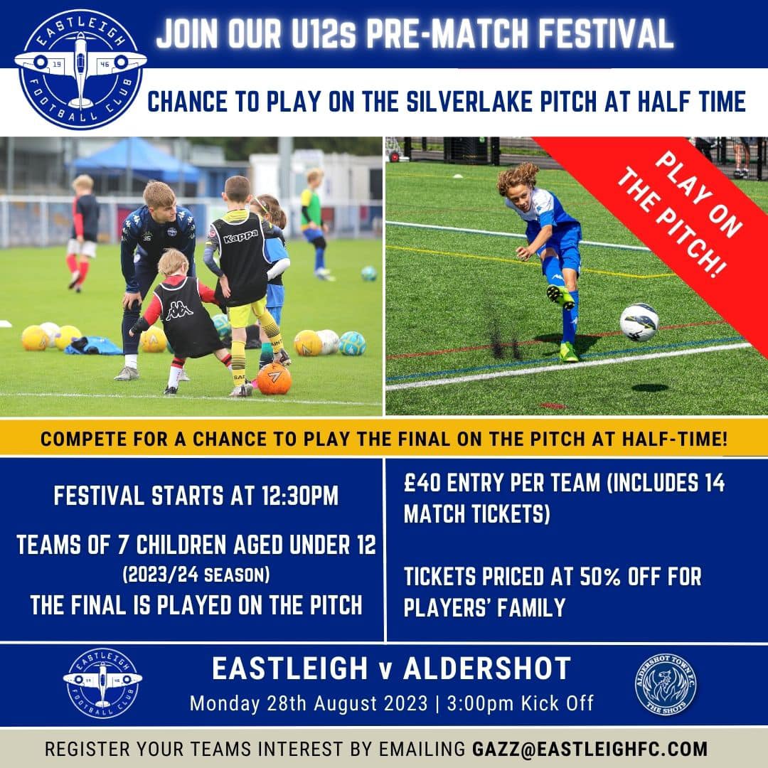 EastleighFC's tweet photo. How would you like to enter our U11s &amp; U12s competition with a chance to play on the pitch at the Silverlake Stadium? 👀 

Register your team today to avoid disappointment as the 8 spaces will go quickly. 🙌

Get in touch with Gazz at gazz@eastleighfc.com ✉️ https://t.co/qLmAQyqnIQ