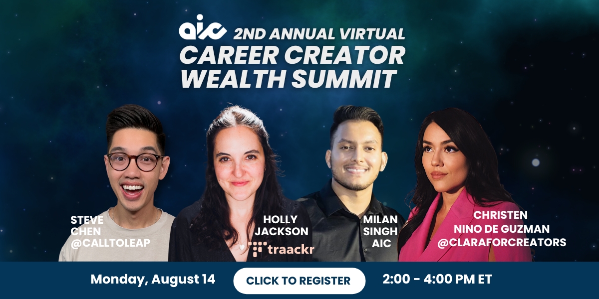 RSVP for the AIC's 2nd Annual Virtual #CreatorWealthSummit
Mon., Aug 14
2:00 to 4:00 pm ET

Hear from AIC's <a href="/milansinghhh/">Milan Singh</a>, <a href="/Clara4Creators/">Clara for Creators</a>'s <a href="/christenstweets/">Christen Nino De Guzman</a>, <a href="/calltoleap/">calltoleap</a>'s Steve Chen, and <a href="/Traackr/">Traackr</a>'s Holly Jackson.

No cost, registration is required:
news.americaninfluencercouncil.com/creator-wealth…
