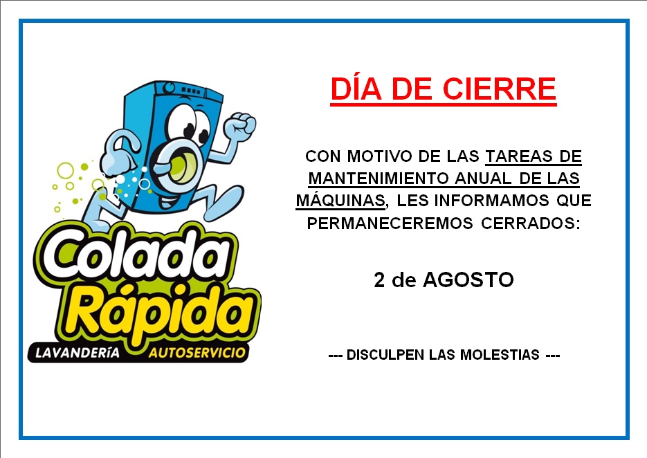 ColadaRapidaC's tweet photo. Con motivo de las tareas de mantenimiento anual de las máquinas, permaneceremos cerrados el miércoles día 2 de agosto.

Disculpen las molestias. https://t.co/AhOMtfdo5B