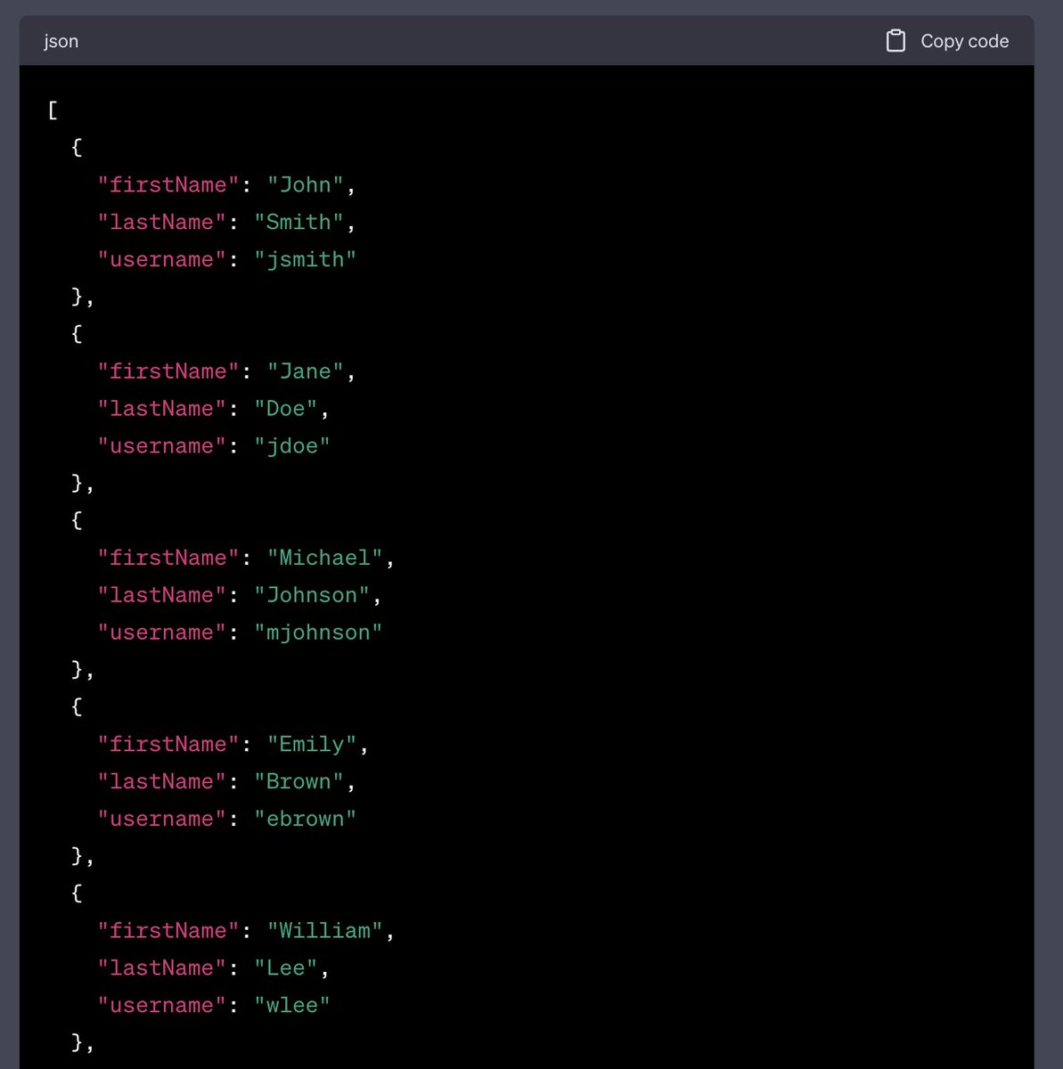 AICodingPrompts's tweet image. AI Coding Prompt: generate an array of 50 mock user objects, first and last name, username where username is the first character of the first and name and the full last name? #AI #coding #codinglife #vscode #ChatGPT #react #typescript #javascript #Nextjs  #UI #TwitterX #uidesign