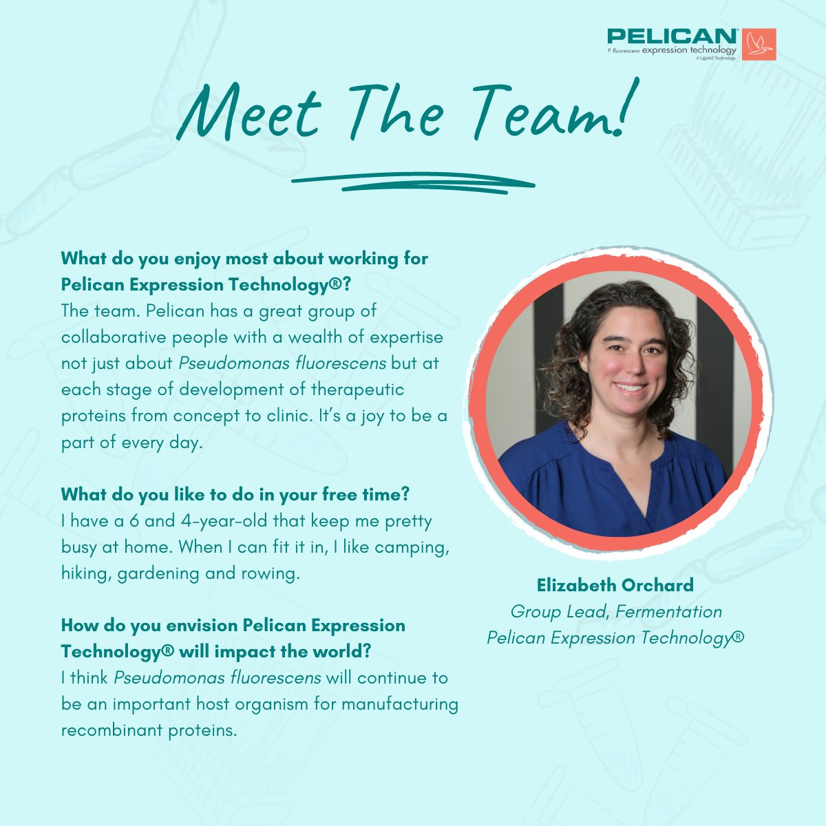 PelicanExpTech's tweet photo. Meet Elizabeth Orchard, PhD, a Group Lead in Fermentation at Pelican Expression Technology®! 

Throughout her career, Elizabeth has developed upstream processes with various organisms, from algae to E. coli, and now Pseudomonas fluorescens! 

#MeetTheTeam https://t.co/Vbjk8bqolC