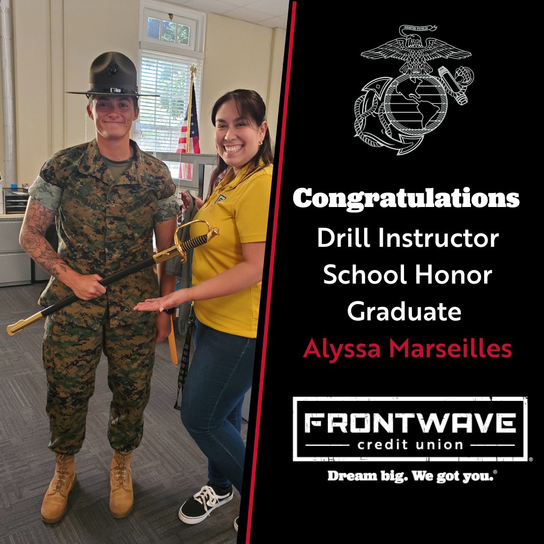 FrontwaveCU's tweet photo. Our Marine Corps Recruit Depot San Diego branch was proud to present an engraved sword to Drill Instructor School Honor Graduate Alyssa Marseilles. Being named Honor Graduate is an incredible accomplishment! Congratulations Alyssa!

#usmc #MCRDSD #frontwavecu https://t.co/WtbkiOYmvv