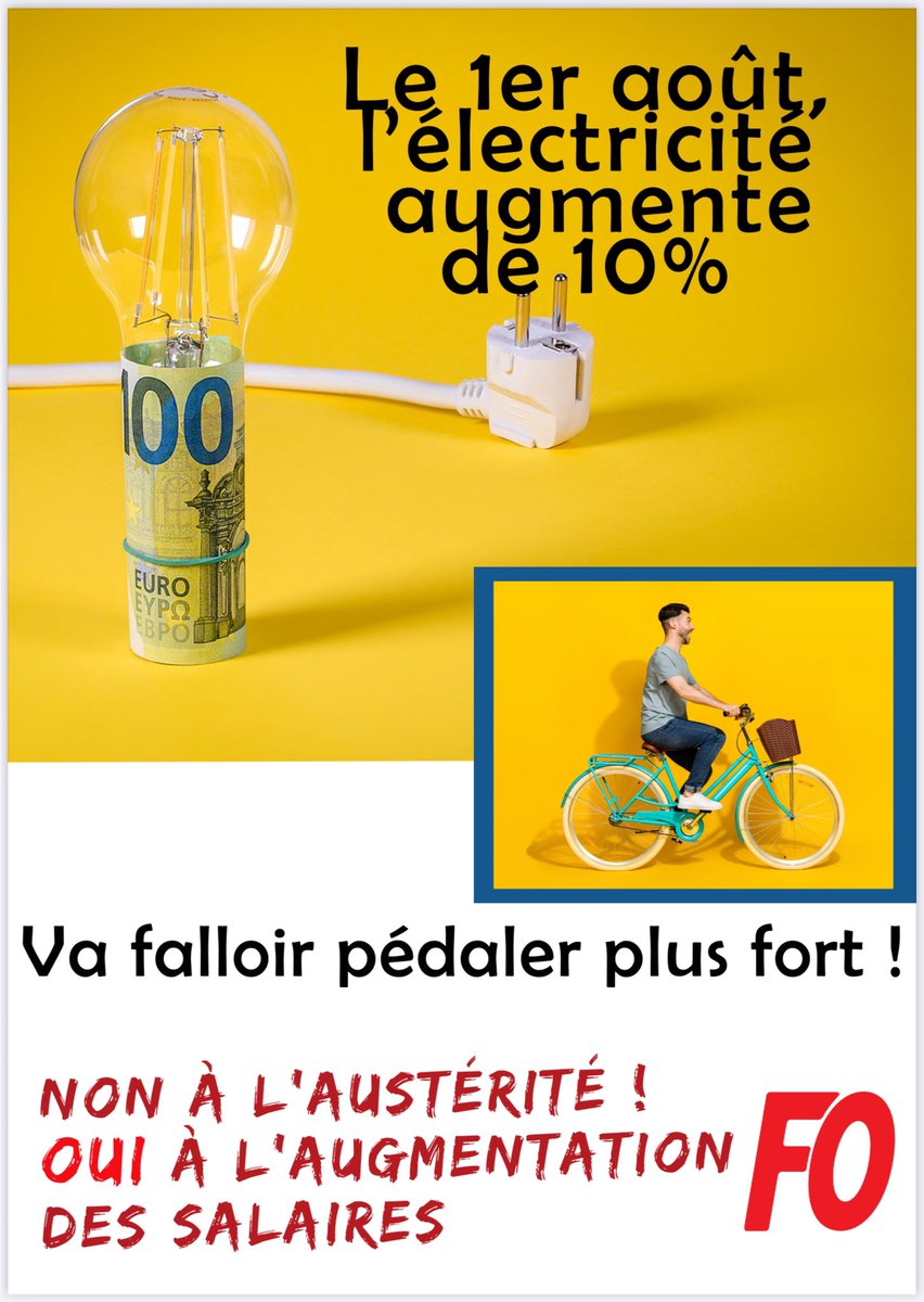 [InFOs/#pouvoirdachat]

Les prix de l'#electricite vont augmenter de 10% à partir du 1er août.
NON à l'#austérité, OUI à l'augmentation des #salaires !
<a href="/force_ouvriere/">force_ouvriere</a>