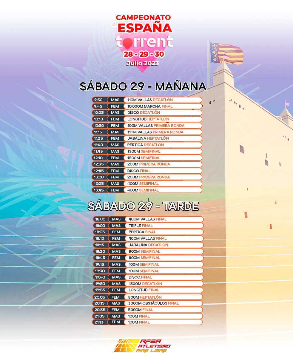 atletismoRFEA's tweet photo. 𝟭 𝗱𝗶́𝗮

Mañana comienza el #CEatletismo en Torrent‼️🔥

❤️ Guarda este tuit porque te va a hacer falta durante todo el fin de semana: los horarios del Campeonato de España 🇪🇸

No te lo pierdas:
📺 https://t.co/CxKtOadEsK
🎟️ https://t.co/SA59BZSrsv https://t.co/HgqiUkx3d4