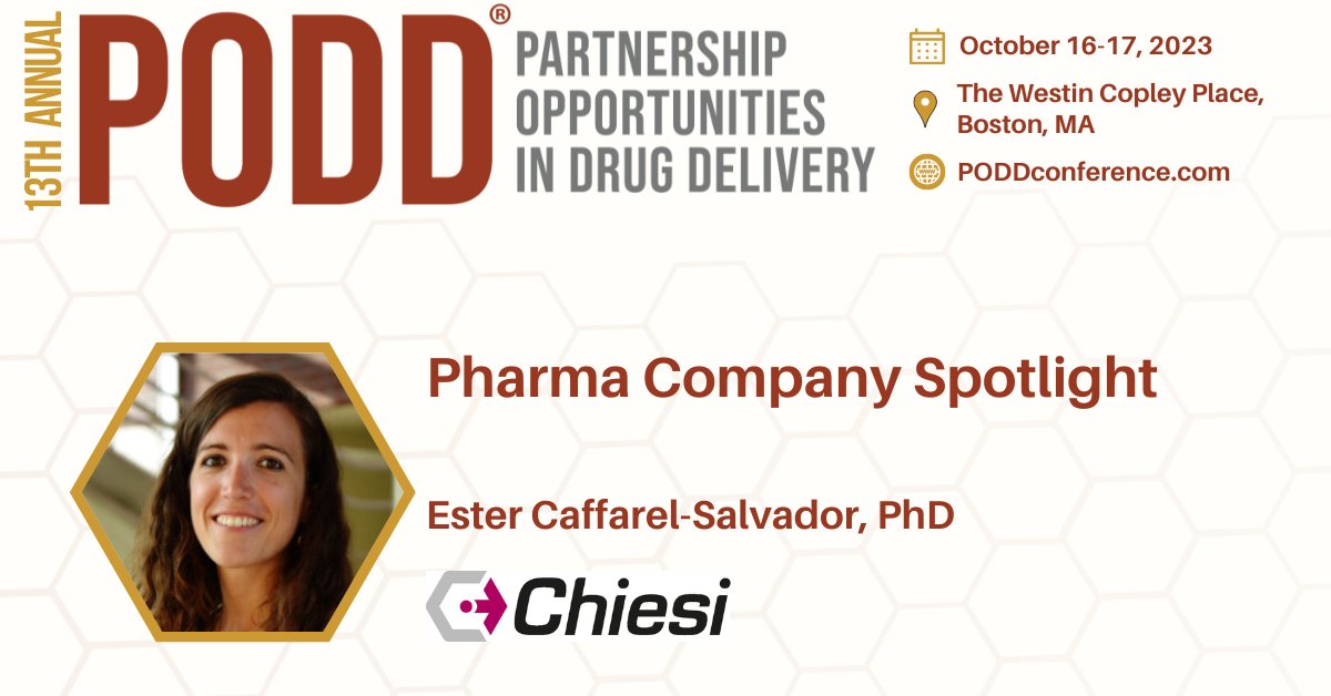 Dr Ester Caffarel-Salvador, Chiesi USA, Inc., will discuss their partnering philosophy, current needs and scouting interests, as related to drug delivery and enabling technologies at the #PODD2023 conference.

theconferenceforum.org/conferences/pa… 
#DrugDelivery #PODD2023