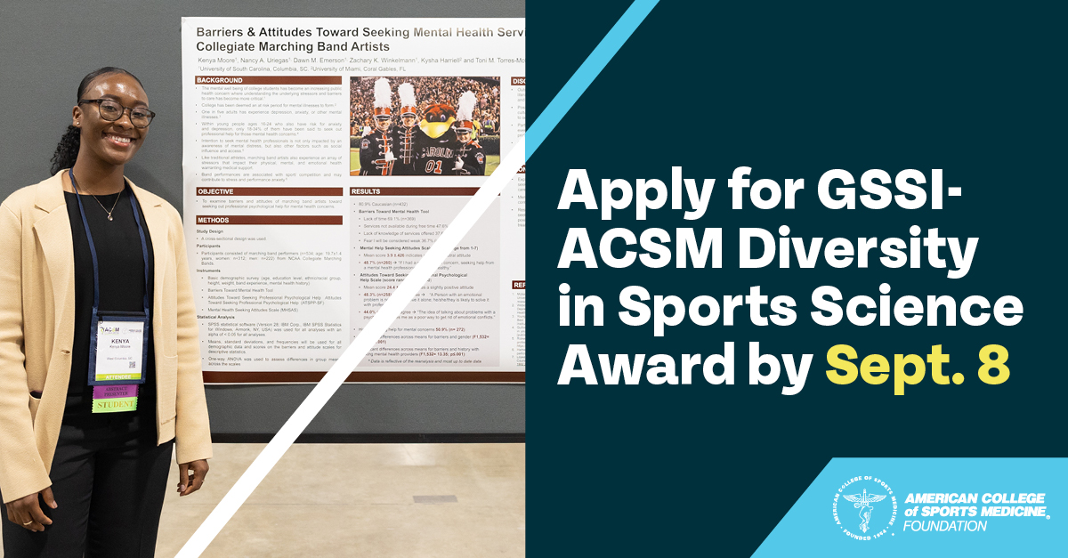 ACSM and the <a href="/Gatorade/">Gatorade</a> Sports Science Institute are excited to announce GSSI-ACSM Diversity in Sports Science Award!

Award includes complimentary registration to ACSM's 71st Annual Meeting, $5K for your research and mentorship from a GSSI scientist: fal.cn/3Afl3