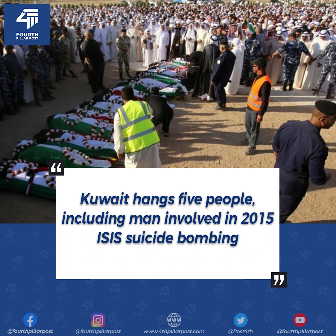 Post4th's tweet image. Kuwait executed five individuals on Thursday, marking a rare instance of capital punishment in the Gulf emirate. 

For more detailed news visit our Website: 4thpillarpost.com
 
#kuwait #Hang #5people #suicidebombing #ISIS