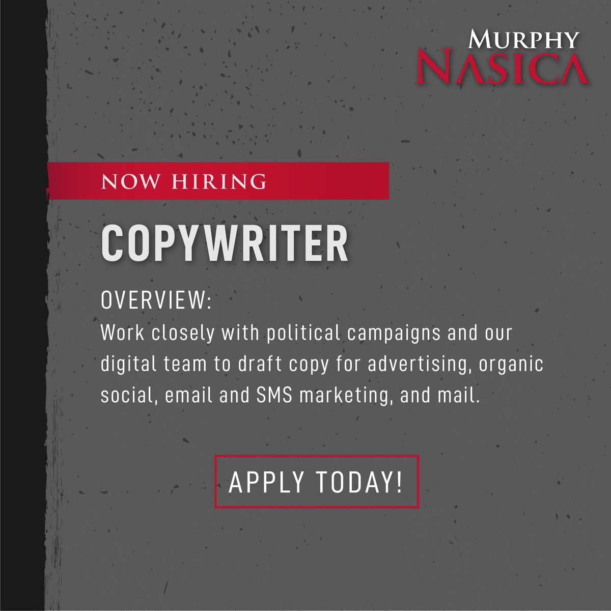 MurphyNasica's tweet photo. (1/2) Are you a highly skilled wordsmith with a passion for politics and the power of persuasive messaging? Do you enjoy writing compelling copy that captivates audiences and drives action? https://t.co/lWbebILVqW