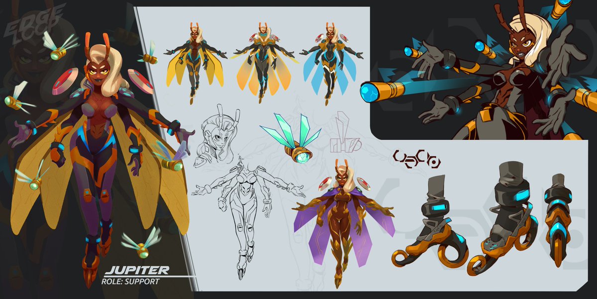 Finally made some sheets to group everything I've done so far for Edge Loop. My idea was to cover both characters and environments, but I'll probably have less time from now on 🥲
Btw Jupiter is a support character, perfect for crowd control and recon.