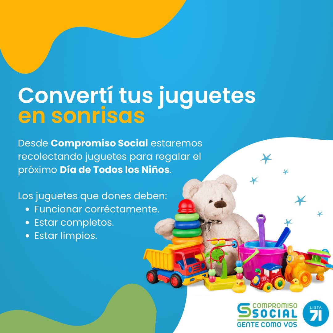 ComSocialUY's tweet photo. CONVERTÍ TUS JUGUETES EN SONRISAS 🧸⚽️🧩🎁

Desde Compromiso estamos recibiendo donaciones de juguetes para regalar a los más peques! 

Comunícate por DM o al 📲 097 976 542 o 091 200 016 para coordinar tu donación. Recibiremos los juguetes donados hasta el 9 de agosto.

SÚMATE! https://t.co/I8qoK9qxXT