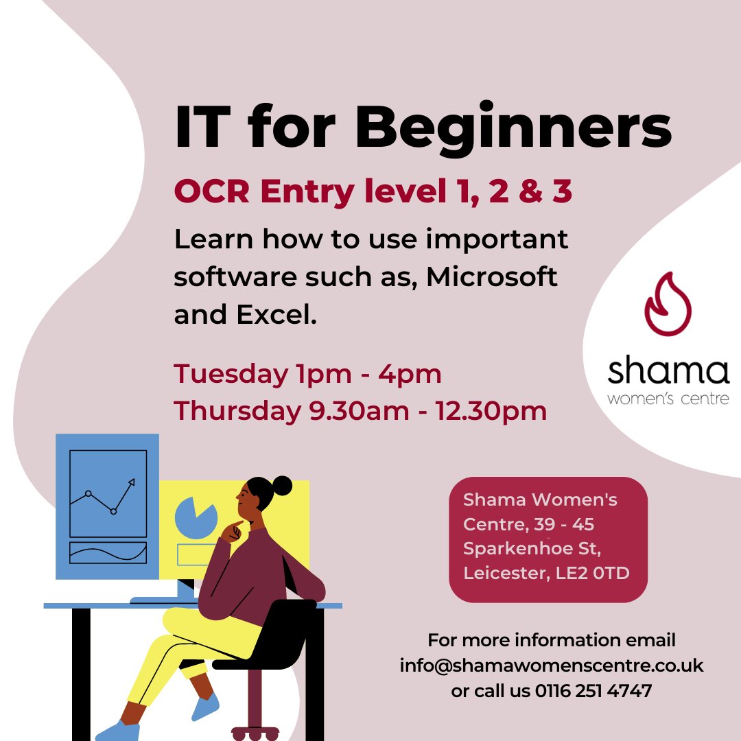 shamacentre's tweet image. Gain a better understanding of IT skills, like Microsoft, with our weekly introductory class every Tuesday and Thursday! Let us help you get the basic knowledge needed to tackle the ever-growing technology world. 

#ITforBeginners #LeicesterCity #ShamaWomensCentre #BAMEcommunity